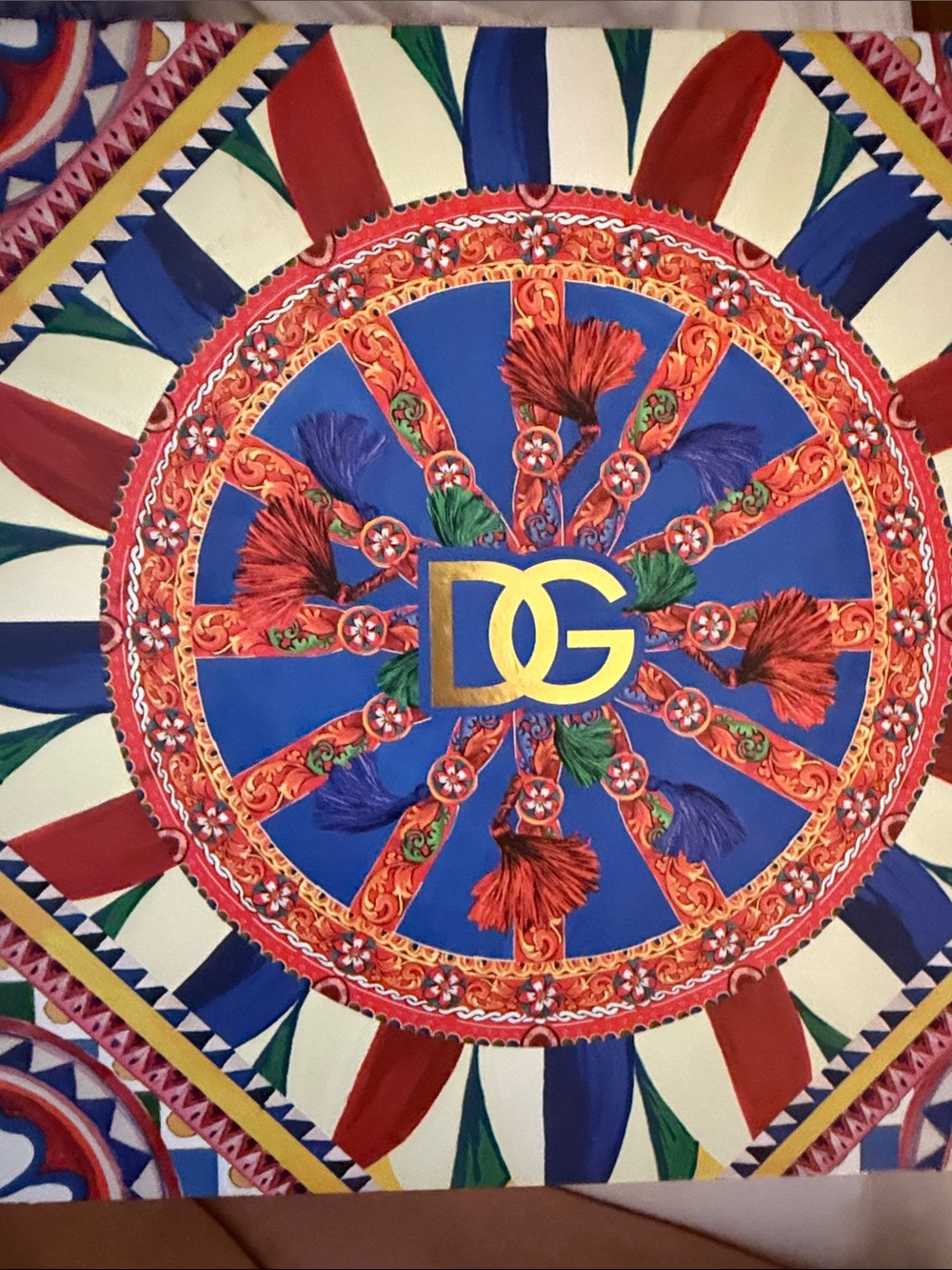 Dolce & Gabbana Blue Red Medallion Print Scarf with Gold DG